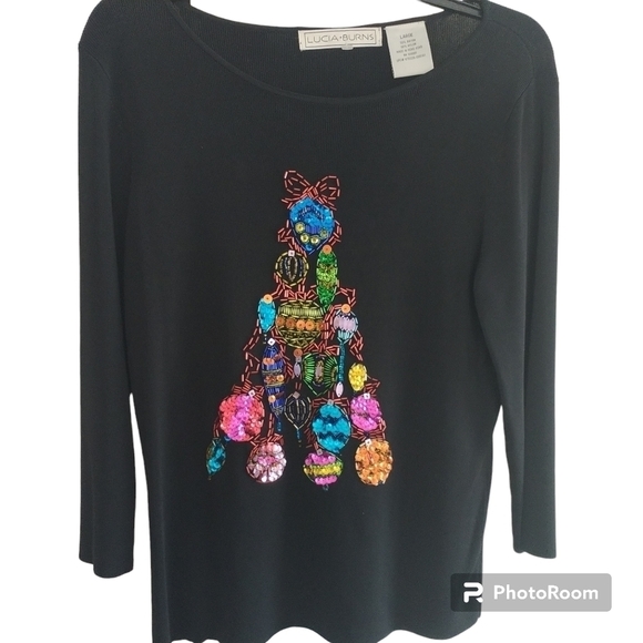 lucia burns Tops - Lucia Burns Christmas Tree Beads & Sequins Top L